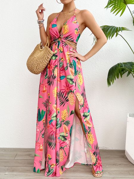 Printed Backless Side Slit Halter Dress H6VE68KF2K