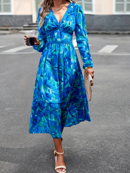 Casual Printed V-Neck Long Sleeve Dress HW58R5W524