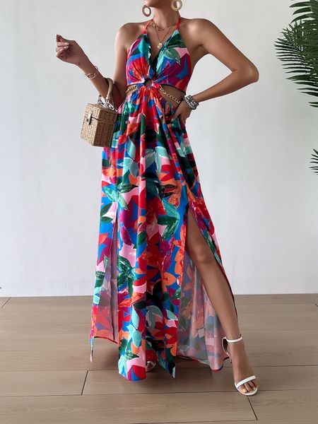 Printed Backless Side Slit Halter Dress H6VE68KF2K
