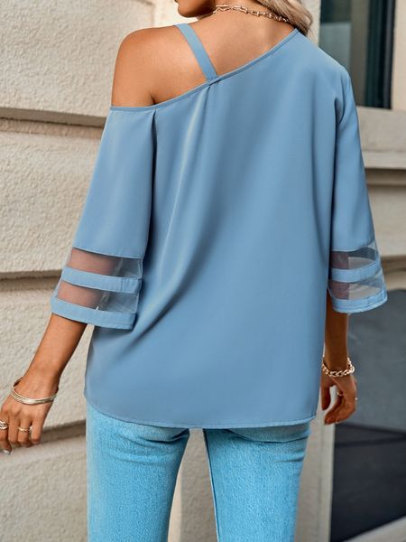 Women's Casual Top Solid Color Metal Buckle Strap Mesh Bell Sleeve One Shoulder Top HFBCTPSKC4