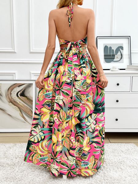 Printed Backless Side Slit Halter Dress H6VE68KF2K