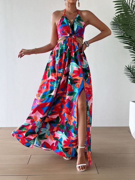 Printed Backless Side Slit Halter Dress H6VE68KF2K
