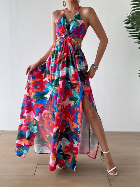 Printed Backless Side Slit Halter Dress H6VE68KF2K