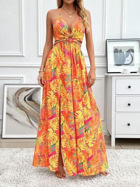 Printed Backless Side Slit Halter Dress H6VE68KF2K