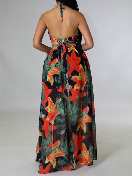 Printed Backless Side Slit Halter Dress H6VE68KF2K
