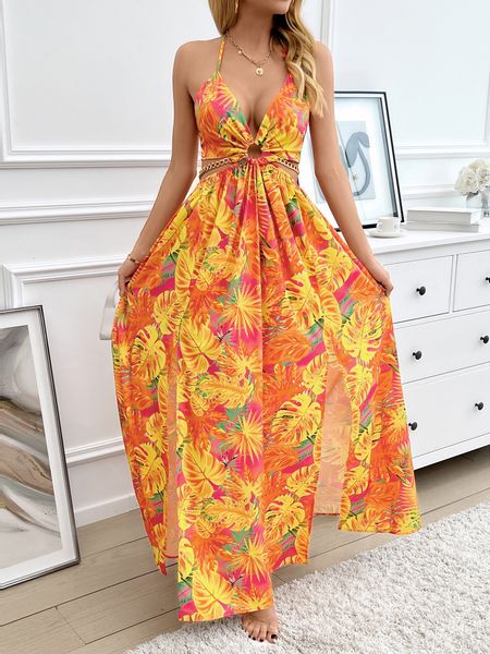Printed Backless Side Slit Halter Dress H6VE68KF2K