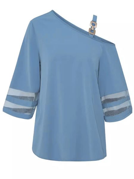 Women's Casual Top Solid Color Metal Buckle Strap Mesh Bell Sleeve One Shoulder Top HFBCTPSKC4