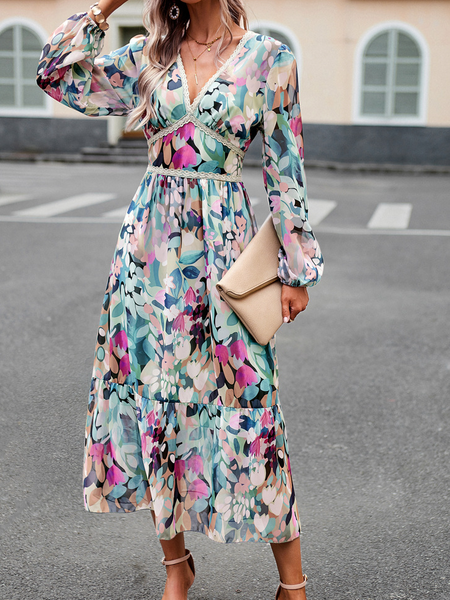 Casual Printed V-Neck Long Sleeve Dress HW58R5W524