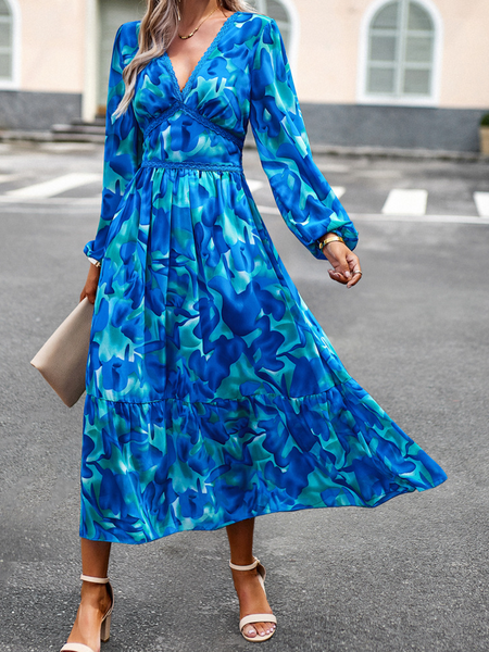 Casual Printed V-Neck Long Sleeve Dress HW58R5W524