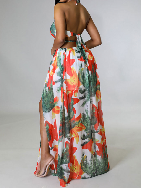 Printed Backless Side Slit Halter Dress H6VE68KF2K