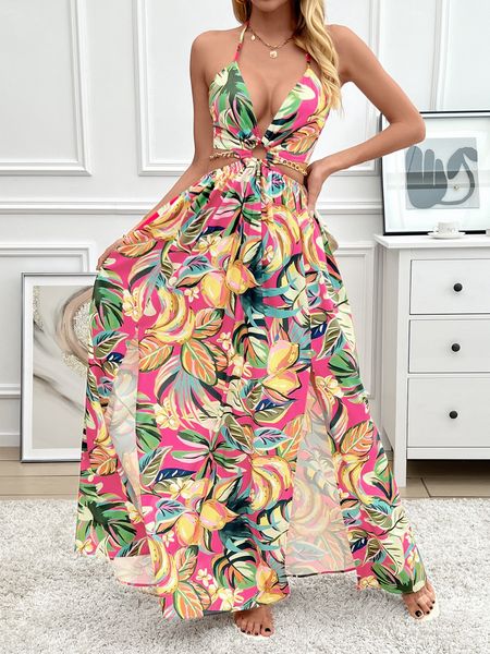 Printed Backless Side Slit Halter Dress H6VE68KF2K