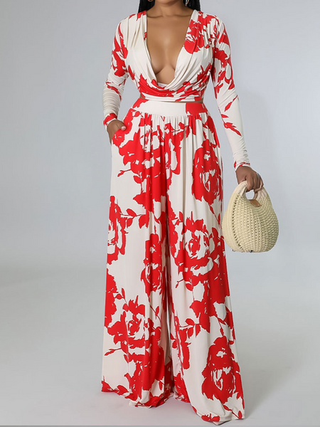 Women's 2-Pc Set Printed Long Sleeve Cowl Neck Top & Wide Leg Pants
