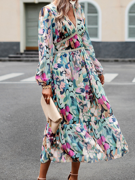Casual Printed V-Neck Long Sleeve Dress HW58R5W524