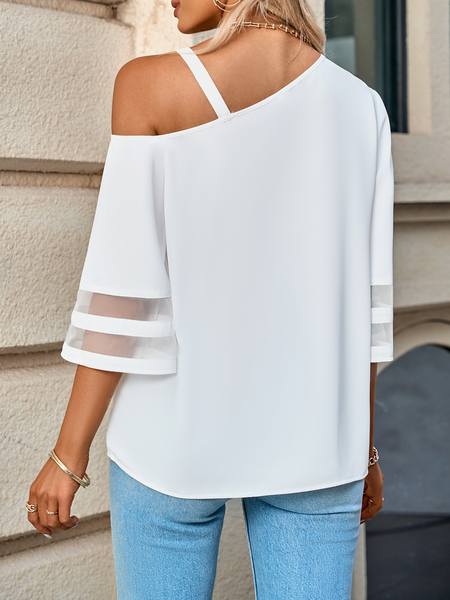 Women's Casual Top Solid Color Metal Buckle Strap Mesh Bell Sleeve One Shoulder Top HFBCTPSKC4