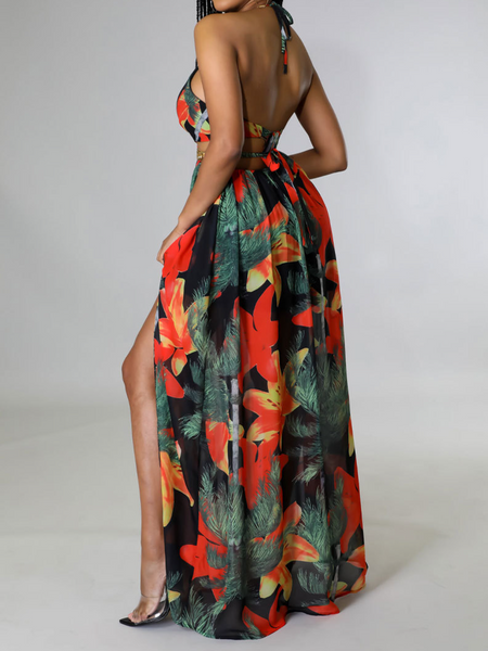 Printed Backless Side Slit Halter Dress H6VE68KF2K