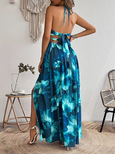 Printed Backless Side Slit Halter Dress H6VE68KF2K