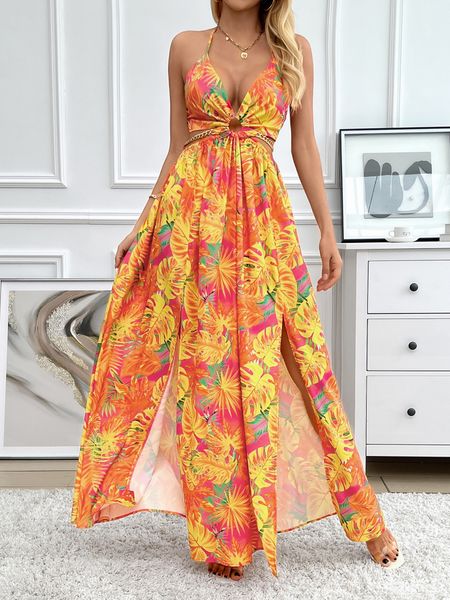 Printed Backless Side Slit Halter Dress H6VE68KF2K