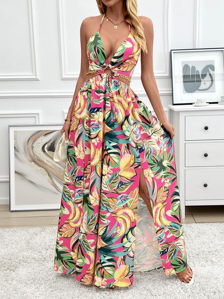 Printed Backless Side Slit Halter Dress H6VE68KF2K
