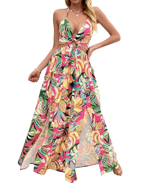 Printed Backless Side Slit Halter Dress H6VE68KF2K