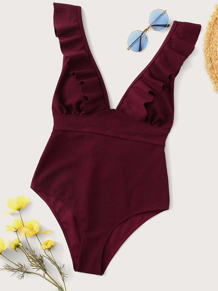 Women's Swimwear V-neck Ruffle Trim One-piece Swimsuit Sexy Summer Holiday Bikini HW5U9U7WB5