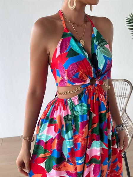 Printed Backless Side Slit Halter Dress H6VE68KF2K