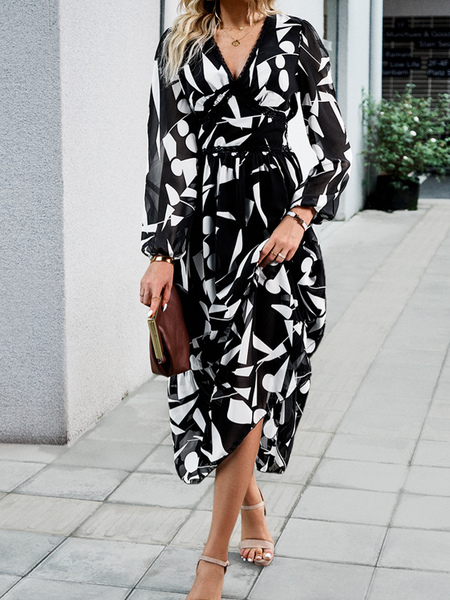 Casual Printed V-Neck Long Sleeve Dress HW58R5W524