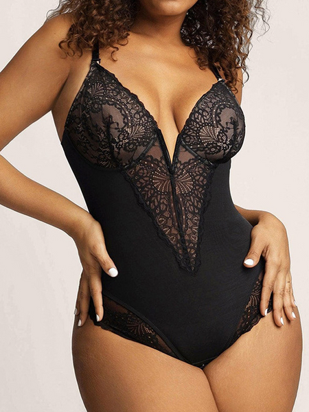 Women's Sexy Lace Bodysuit Tummy Control Deep V Neck Adjustable Strap Butt Lifter Body Shaper HW53ZLK4YH
