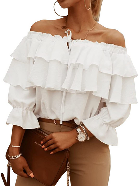 Off-Shoulder Double Ruffle 3/4 Sleeve Blouse