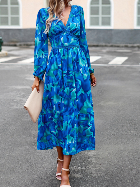 Casual Printed V-Neck Long Sleeve Dress HW58R5W524