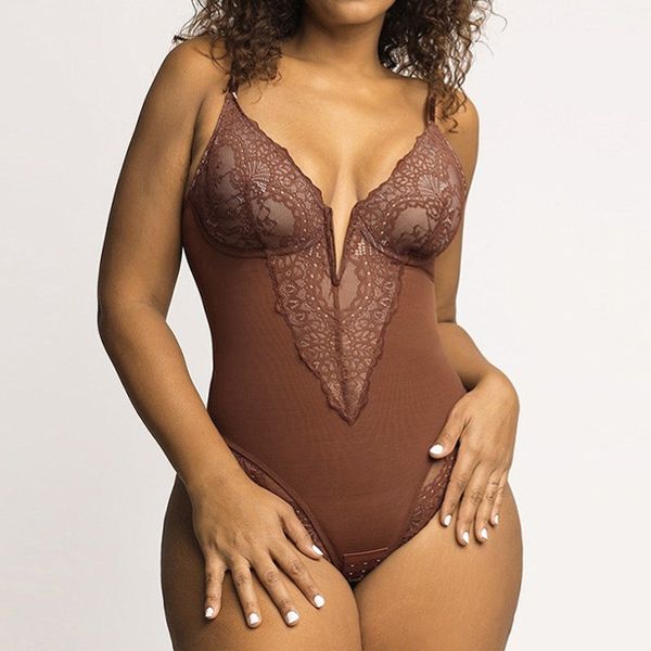 Women's Sexy Lace Bodysuit Tummy Control Deep V Neck Adjustable Strap Butt Lifter Body Shaper HW53ZLK4YH