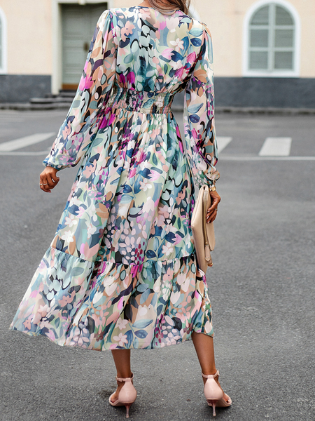 Casual Printed V-Neck Long Sleeve Dress HW58R5W524