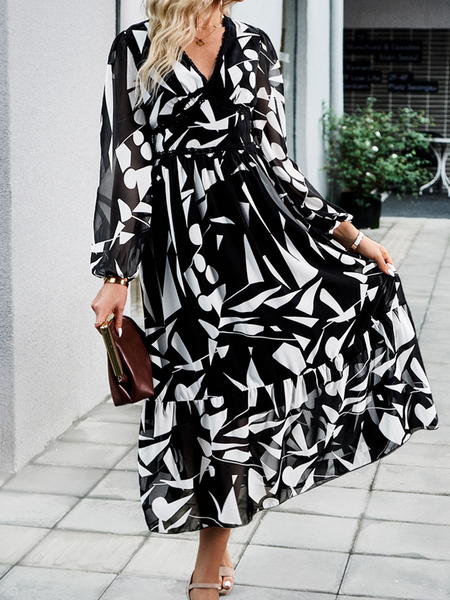 Casual Printed V-Neck Long Sleeve Dress HW58R5W524