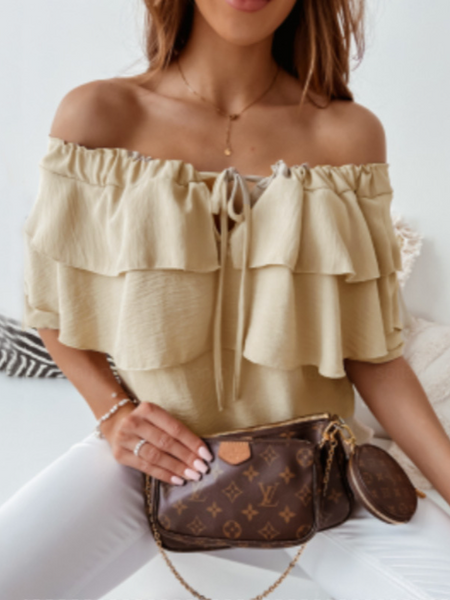 Off-Shoulder Double Ruffle 3/4 Sleeve Blouse