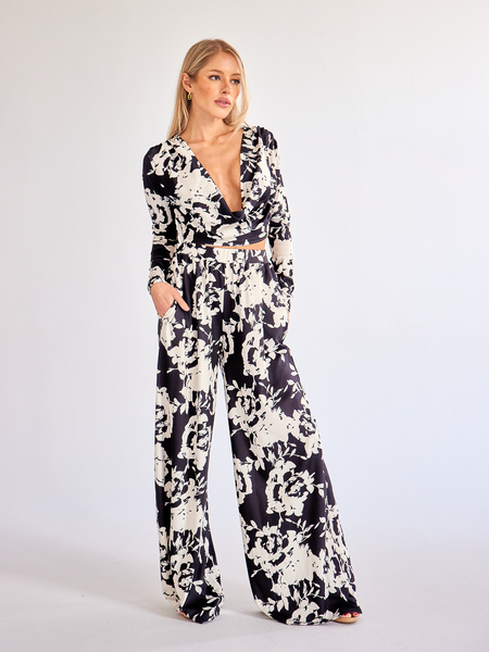 Women's 2-Pc Set Printed Long Sleeve Cowl Neck Top & Wide Leg Pants