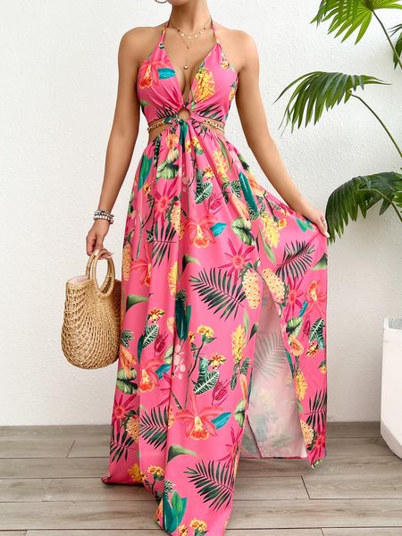 Printed Backless Side Slit Halter Dress H6VE68KF2K