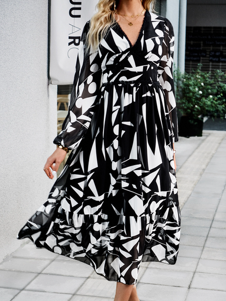 Casual Printed V-Neck Long Sleeve Dress HW58R5W524