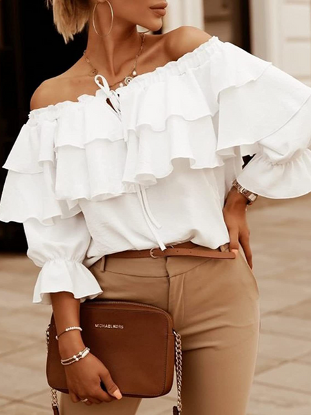 Off-Shoulder Double Ruffle 3/4 Sleeve Blouse