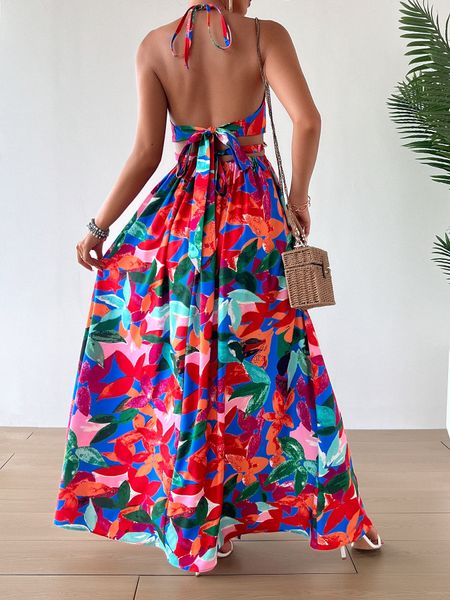 Printed Backless Side Slit Halter Dress H6VE68KF2K