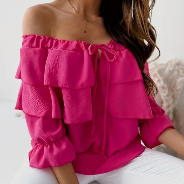 Off-Shoulder Double Ruffle 3/4 Sleeve Blouse