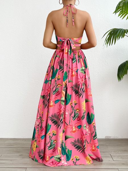 Printed Backless Side Slit Halter Dress H6VE68KF2K