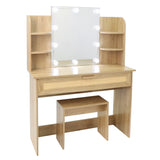 Vanity Desk Set Stool & Dressing Table with LED Lighting Mirror Drawer and Compartments Modern Wood Cosmetic Table Chest of Drawers Nature Color