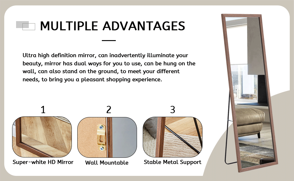 Third generation packaging upgrade, thickened border, brown wood grain solid wood frame full length mirror, dressing mirror, bedroom entrance, decorative mirror, and floor standing mirror. 57.9"*18.1"