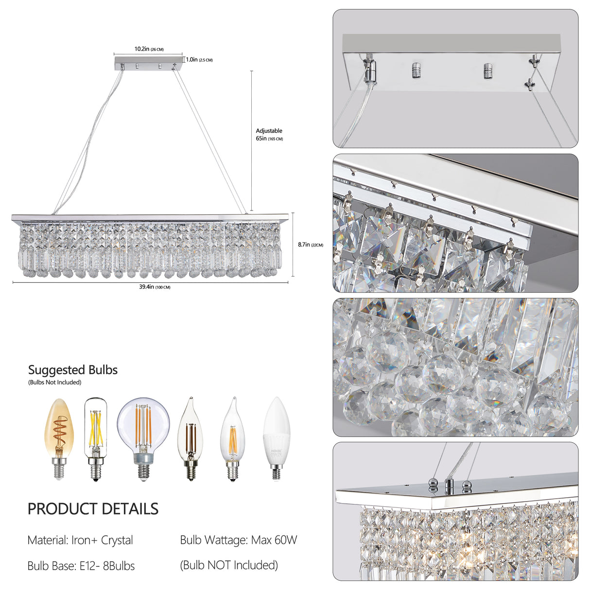 Modern Crystal Chandelier for Dining Room 8-Light White Rectangle Raindrop Chandelier Contemporary Rectangular Pendant Light Fixture for Kitchen Island Bar L39.4'' x W9.8'' x H8.7'(Bulb Not Included)