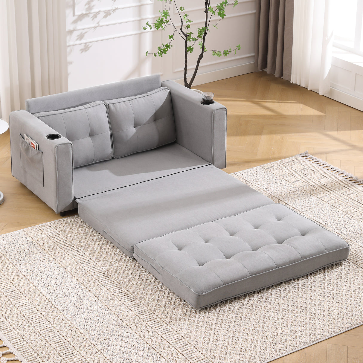 {VIDEO Provided}3-in-1 Upholstered Futon Sofa Convertible Sofa bed,Foldable Tufted Loveseat with Pull Out Sleeper Couch Bed,Folding Mattres Love Seat Daybed W/Side Pockets and Cup Holder, Light Gray
