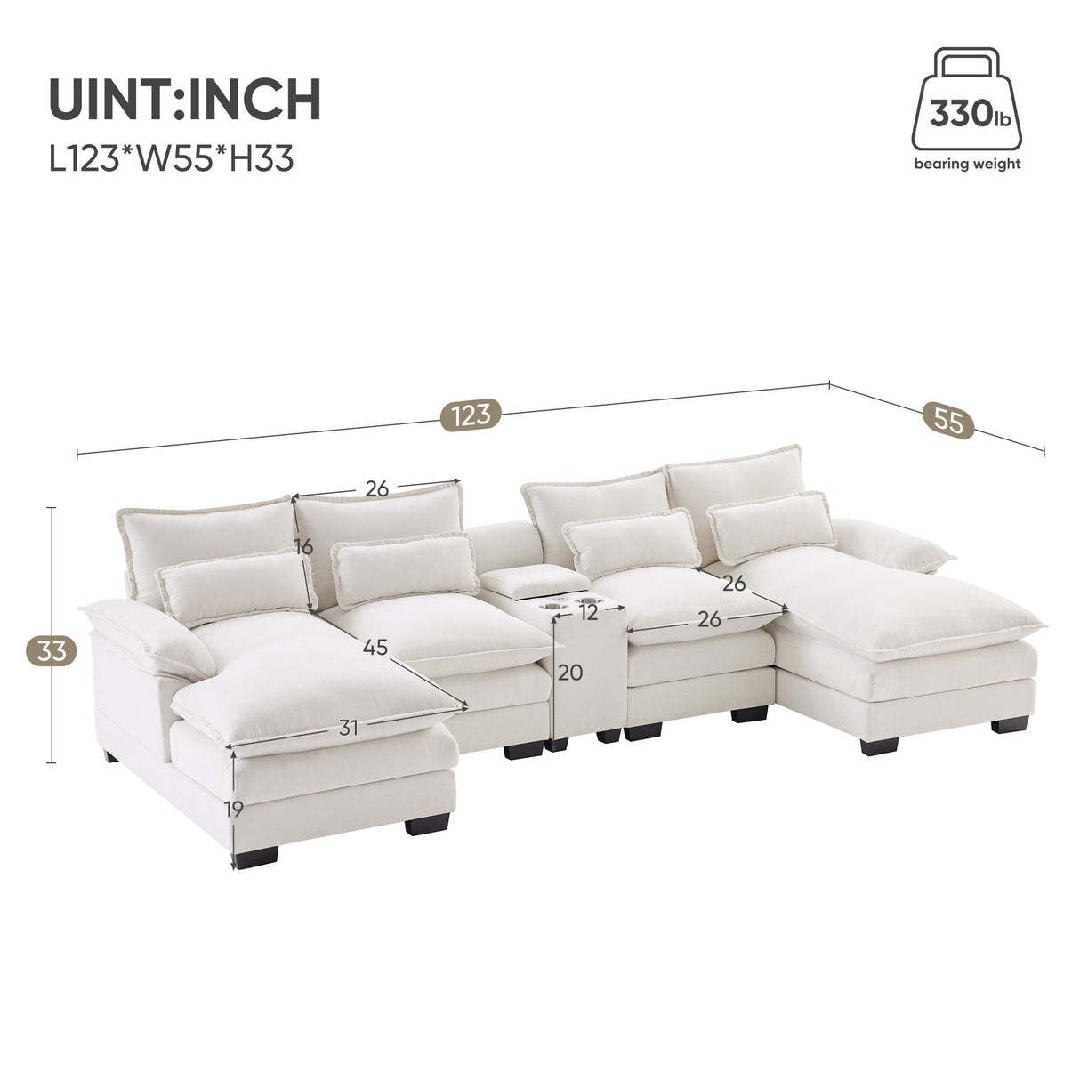 [VIDEO provided][New]123*55" Modern U-shaped Sofa with Console,Cupholders and USB Ports,6-seat Upholstered Symmetrical Indoor Furniture,Sleeper Couch Set with Chaise for Living Room,Apartment,2 Colors