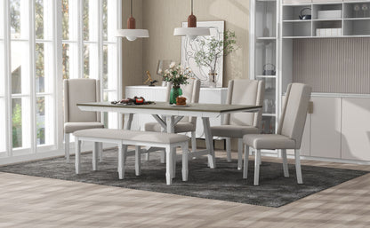 TREXM 6-Piece Classic Dining Table Set, Rectangular Extendable Dining Table with two 12"W Removable Leaves and 4 Upholstered Chairs & 1 Bench for Dining Room (Brown+White)
