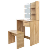 Vanity Desk Set Stool & Dressing Table with LED Lighting Mirror Drawer and Compartments Modern Wood Cosmetic Table Chest of Drawers Nature Color