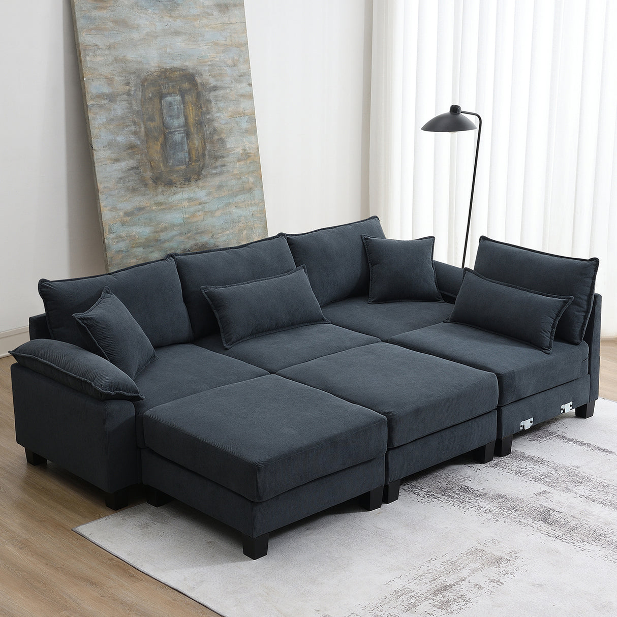 [New]Wide Seat Corduroy Modular Sectional Sofa Bed, Sleeper Couch Set with Armrest Pillow,6 Seat Free Combination Sofa with Ottomans, Oversized Indoor Furniture for Living Room, 2 Colors