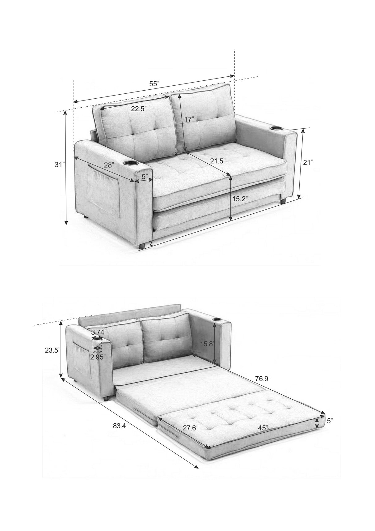 {VIDEO Provided}3-in-1 Upholstered Futon Sofa Convertible Sofa bed,Foldable Tufted Loveseat with Pull Out Sleeper Couch Bed,Folding Mattres Love Seat Daybed W/Side Pockets and Cup Holder, Light Gray