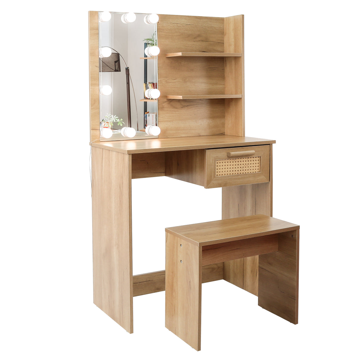 Vanity Desk Set Stool & Dressing Table with LED Lighting Mirror Drawer and Compartments Modern Wood Cosmetic Table Chest of Drawers Nature Color